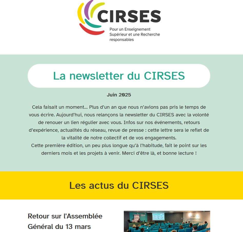 Capture d'écran d'une partie de la newsletter de CIRSES